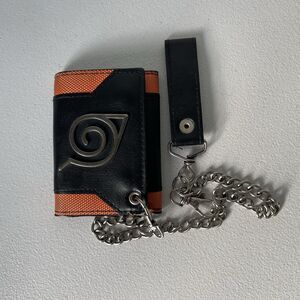 Naruto Logo Chain Wallet Black Orange Tri-Fold Card Slots 15" Chain, 3"x 4"